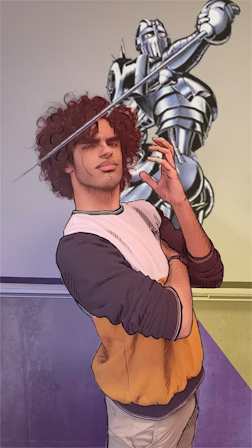 Photographie de Noam avec un filtre dans le style de Jojo Bizarre Adventure